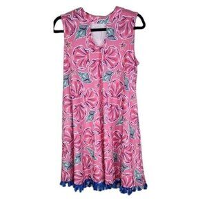 Simply Southern Sleeveless Pink Shells Blue Starfish Beachy Tassel  Dress Size M
